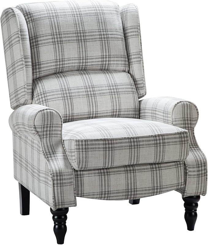 HULALA HOME Upholstered Wingback Recliner Chair Small Adjustable Footrest Push Back Single Reclining Sofa Mid Century Modern Lounge Armchair for Living Room Bedroom Reading/Plaid Grey