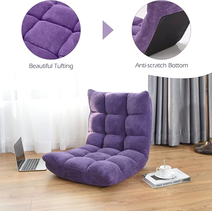LDAILY 14-Position Floor Chair Adjustable Gaming Chair with Strong Back Support Padded Cushion Folding Couch Recliner Sofa Ideal for Floor Seating Reading Gaming(Purple)