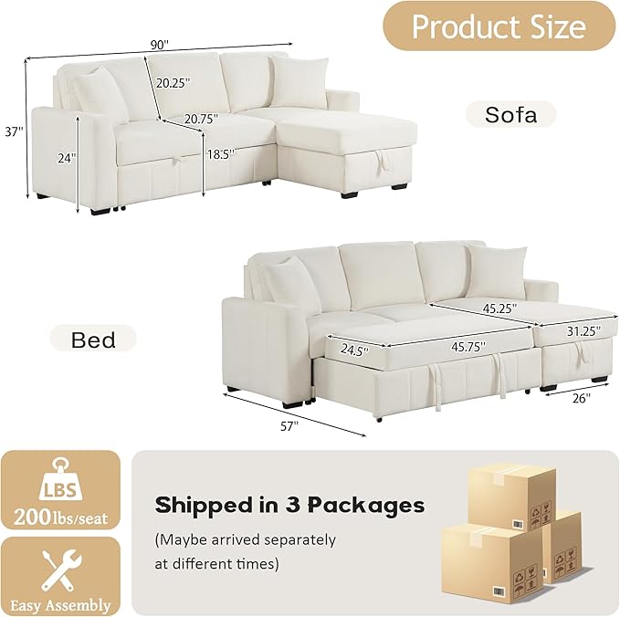 90 L-Shaped Sectional Sleeper Sofa with Reversible Storage Chaise Warp-Knitted Fabric Upholstered Modular Couch with Drop-Down Center Back Cushion with Dual Cup Holders for Living Room (Beige-10)