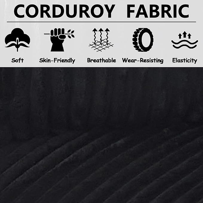 72” Corduroy Futon Sofa Bed with Pillows Modern Convertible Futon Couch with 2 Cup Holders&amp Metal Legs for Small Spaces Living Room Solid Wood Frame (Black)