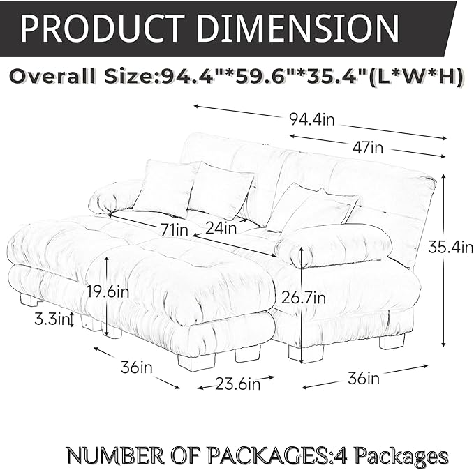 Modular Sectional Sofa for Living Room94.4 U-Shaped Comfy Couch with Ottoman2 Seater Beige Small Couches for Small SpacesFluffy Couch Set with Deep Seat