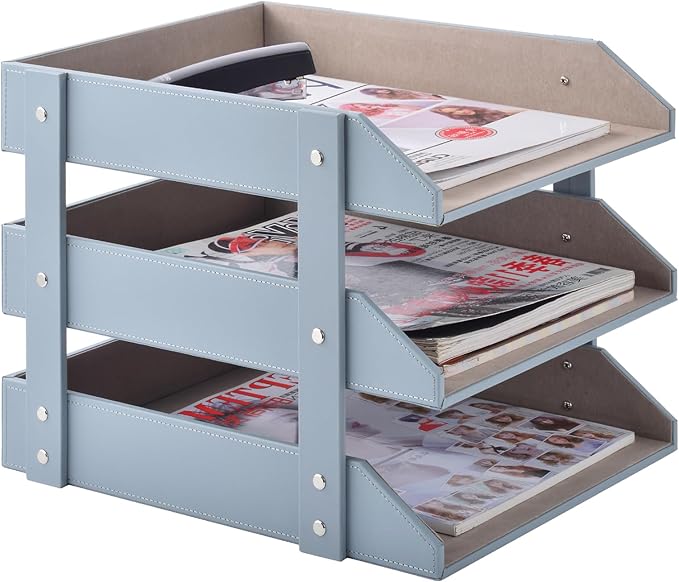 Leather Desk Organize Holder3-Layer Stackable Letter TrayUsed to Store documentsFoldersStationeryMagazinesPaperand Other Home Office SuppliesDesk File Rack (Grey)