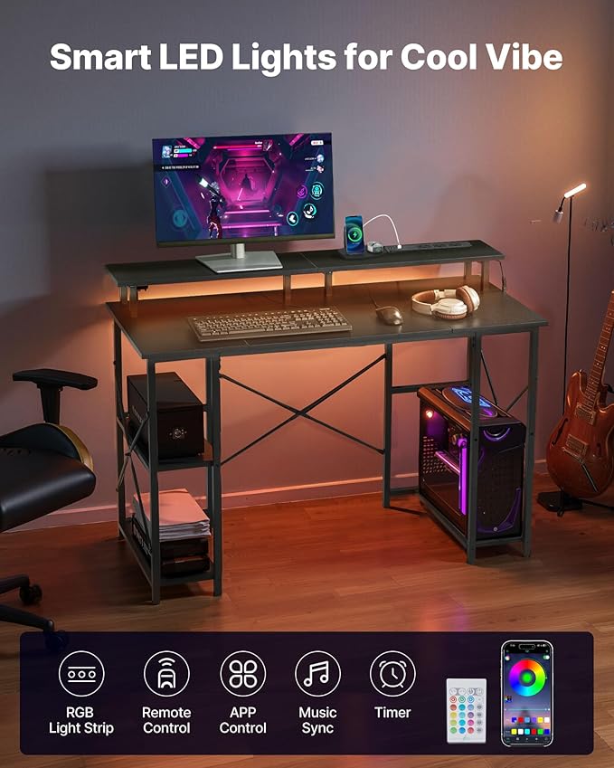 VEVOR 47 Gaming Desk with LED Lights &amp Power Outlets Computer Desk with Monitor Stand &amp 2-Tier Storage Sheves Study Work for Home Office Black
