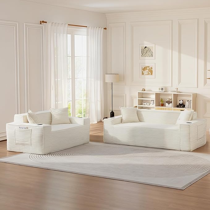 2 Piece Boneless Corduroy Sofa Set 61-Inch Loveseat Sofa and 80.7-Inch 3-Seater Sofa with Cup Holder Modern Comfy Cloud Deep Seat Couch Set for Living Room Bedroom No Assembly White