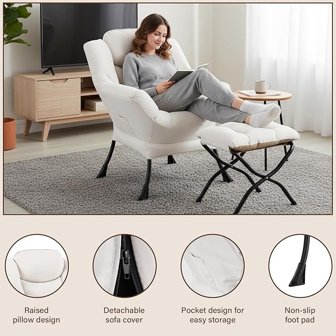 Welnow Lazy Chair with Ottoman Modern Reading Accent Chair with Armrests and a Side Pocket Leisure Upholstered Lazy Sofa Set with Footrest for Small Space Beige