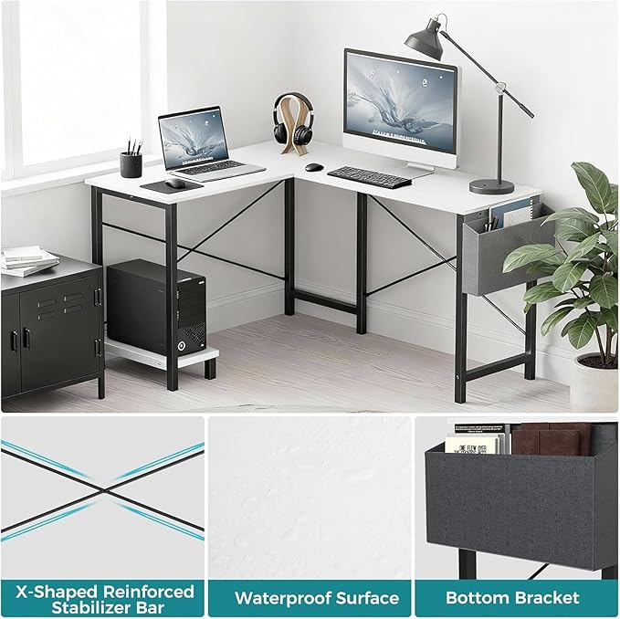 Alpen Corner Desk L Shaped Gaming Desk with Storage Pocket and CPU Stand Work Desk for Home Office Small Corner Study Writing Table with Sturdy Metal Frame 50 Inch Classic White