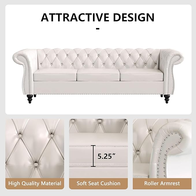 3-Seater Sofas for Living Room Chesterfield Leather Sofa Large Couch with Rolled Arms Deep Button Tufting Nailhead Trim for Living Room Bedroom Office Apartment (PU White)