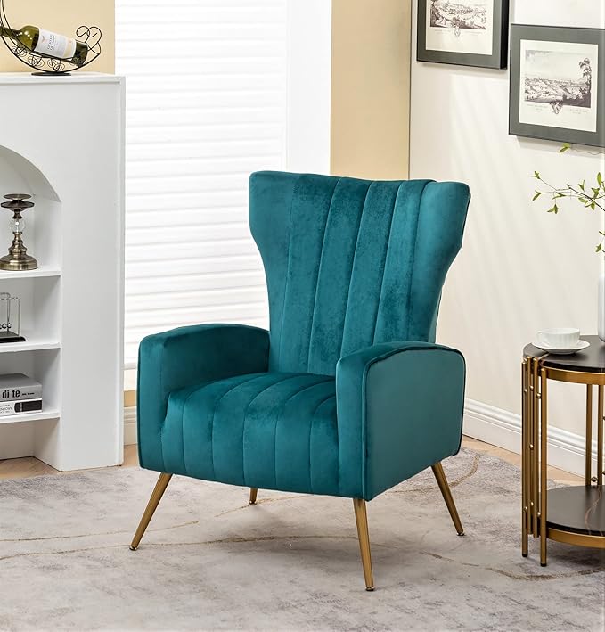 Modern Velvet Accent Chair Channel Tufted Bedroom Office or Living Room Furniture with Elegant Metal Legs 26 Wide Armchair Blueish Green