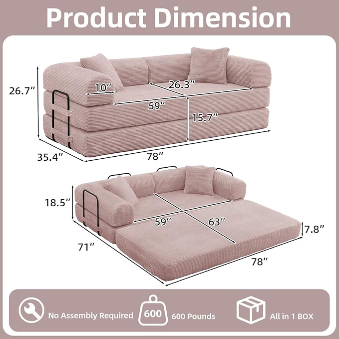 Convertible Folding Sofa BedFold Out Floor Sofa Couch with Fixed-Shape FrameCorduroy Foldable Mattress Cloud Couch for Living Room Bedroom (Pink 78 Inch)