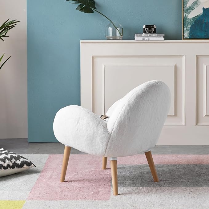 White Small Accent Chair - Solid Beech Wood Frame Lamb Fabric - Comfortable Armchair Single Sofa Chair for Living Room Bedroom Sunroom