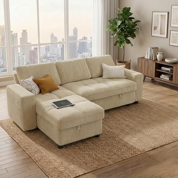 WEUP 81 Sectional Sofa with Pull Out Bed L Shaped 3 Seat Sleeper Sofa with Storage Adjustable Backrest USB Ports Tool-Free Assembly Plush Corduroy Sectional Couches for Living Room Beige | Brea