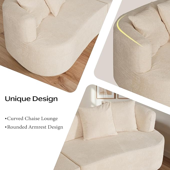 106 Modern Curved Boneless Sectional Couches for Living Room Luxury Chenille Fabric Oversized Modular Cloud Sofa with 4 Pillows Comfy Deep Seat Foam Couch in Box No Assembly (4 Seater Beige)