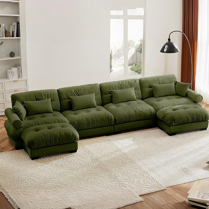 166 Large Sectional Couches for Living Room Cloud Modern Modular Deep Seat Sofa Set Comfy Couches with 2 Ottomans Velvet Fluffy 4 Seater Sofas for Bedroom Apartment U Shaped Olive