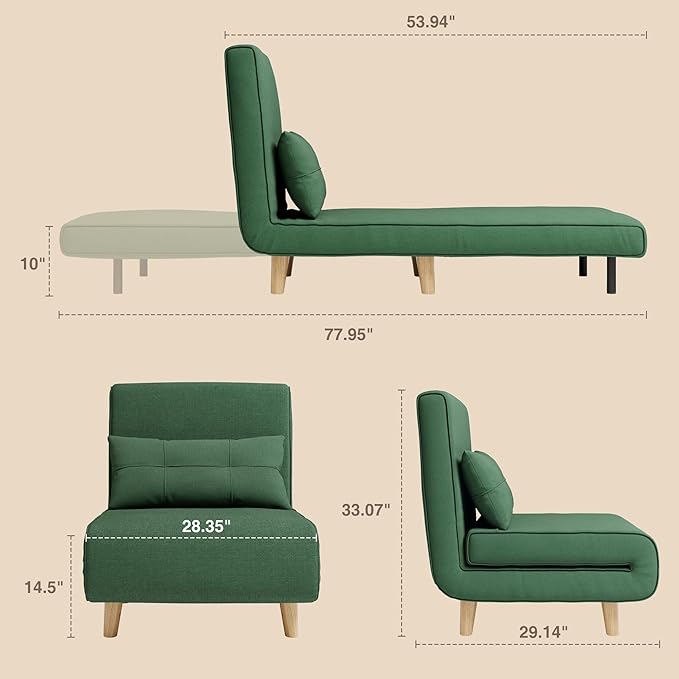 Aiho 3-in-1 Convertible Sleeper Chair BedFuton Chair with 6-Level Adjustable Backrest for Apartment Bedroom OfficeGreen