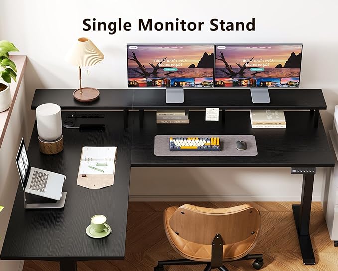 AODK Electric L Shaped Standing Desk with Monitor Stand 59 Inch Height Adjustable Corner Desk with Power Outlets Large Sit Stand Table Reversible Computer Desk for Home Office Black