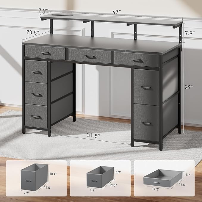 HLDIRECT 47 inch Computer Desk with 8 Storage Drawers Gaming Desk with LED Lights &amp USB Power Outlets Home Office Table with Monitor Stand Study Writing Work Table for Bedroom Grey