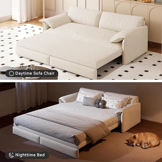 healthomse 66 Queen Size Sleeper Sofa Bed 3-in-1 Convertible Pull Out Sofa Bed with Side Storage Modern Velvet Loveseat for Living Room Bedroom Apartment Office Lounge (Beige 66inch)