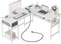 FEZIBO 58'' L-Shaped Gaming Desk with Power Outlets USB Ports Storage Shelves and Drawer – Reversible Corner Desk with Bookshelf for Home Office