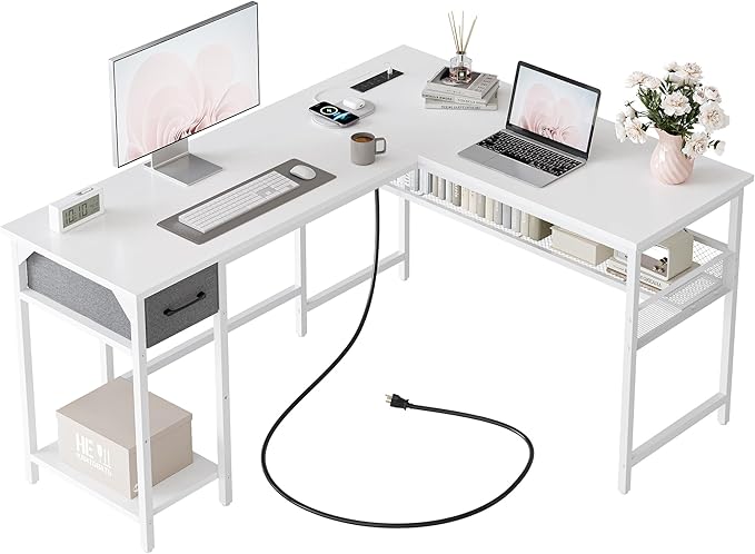 FEZIBO 58'' L-Shaped Gaming Desk with Power Outlets USB Ports Storage Shelves and Drawer – Reversible Corner Desk with Bookshelf for Home Office