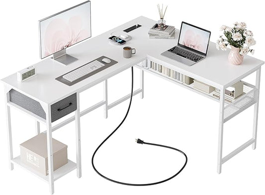 FEZIBO 58'' L-Shaped Gaming Desk with Power Outlets USB Ports Storage Shelves and Drawer – Reversible Corner Desk with Bookshelf for Home Office