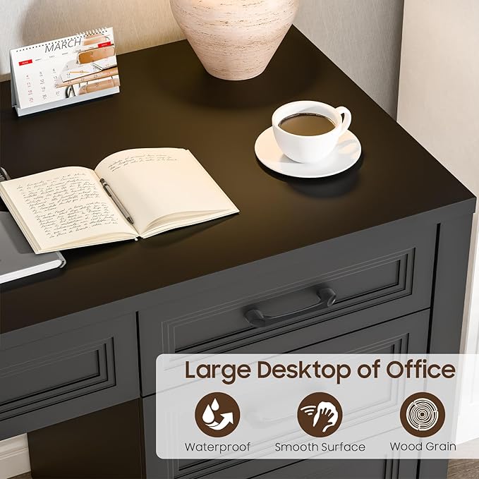 Vabches Farmhouse Executive Desk with Storage and Ample File Drawer Rustic Large Home Writing Desk for Bedroom Pure Black