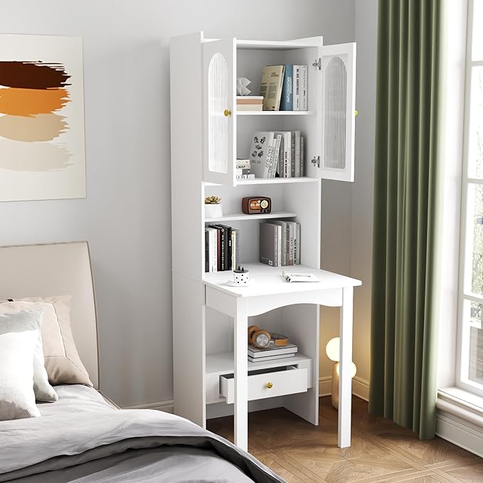 Merax Wooden Bookcase with Fold-Out Convertible Writing TableModern 70 Tall Bookshelf and Storage Drawer Multi-Function Bookcase Home Office White