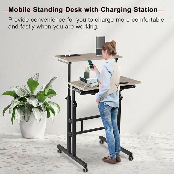 Hadulcet Mobile Standing Desk with Charging Station Adjustable Standing Computer Desk Standing Adjustable Laptop Cart with Wheels for Home Office Classroom Light Grey