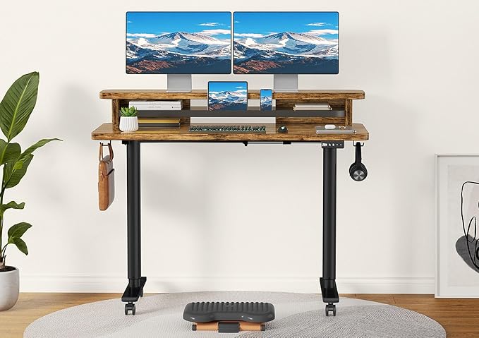 Flycity Electric Standing Desk with Dual Monitor Stand Height Adjustable Desk Sit Stand Desk with Memory Controller Casters &amp 2 Hooks Low Noise Home Office Desk (Rustic Brown 48 x 24)