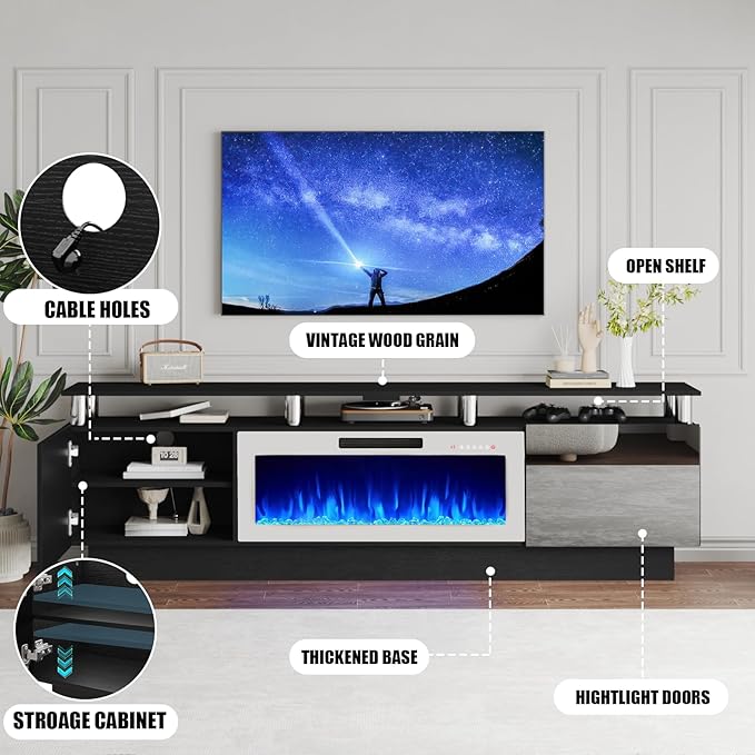 80 Modern Fireplace TV Stand with 36 Electric Fireplace for TVs Up to 90 inch Luxury LED Light Entertainment Center with High Gloss Cabinet Black + Silver Posts with White Fireplace