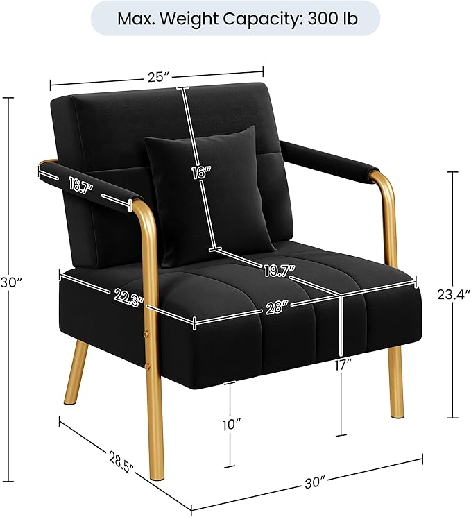Yaheetech 30 W Modern Sofa Small Sofa Luxurious Velvet Fabric Couch with Gold-Tone Metal Arms and Legs for Living Room Home Office Studio Black