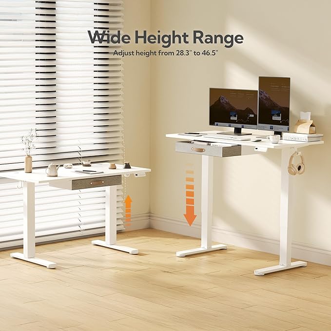 Seang Standing Desk with Drawer 40 x 24 Height Adjustable Stand Up Desk 3 Memory Height Settings with Cable Grommets &amp Storage Hooks Ideal for Home &amp Office White