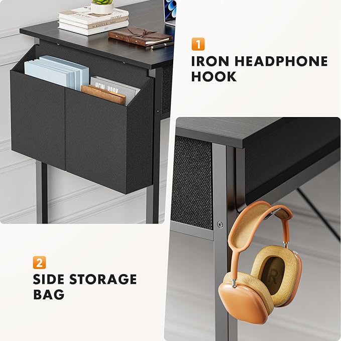 Sweetcrispy Small Desk with Fabric Drawers for Bedroom Home Office 32 Inch Computer Gaming Desk Writing Study PC Table with Side Bag Headphone Hook Metal Frame Adjustable FeetPure Black
