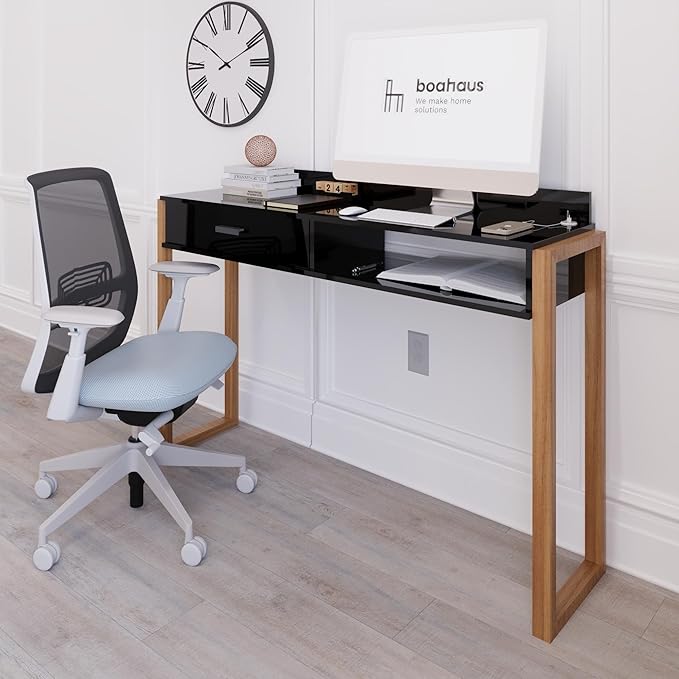 Boahaus Kettlewell Modern Black Computer Desk with USB Ports Large Drawer Open Shelf &amp Solid Wood Legs – Home Office Workstation