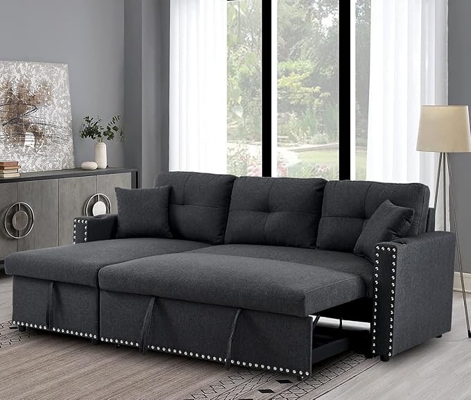 asunflower Small Sleeper Sofa with Pull Out Couch 83 Convertible Sofa Bed with Storage L-Shaped Sectional Sleeper with Cup Holders 3-Seater Couch Bed for Small Spaces Bedroom Offices Dark Grey