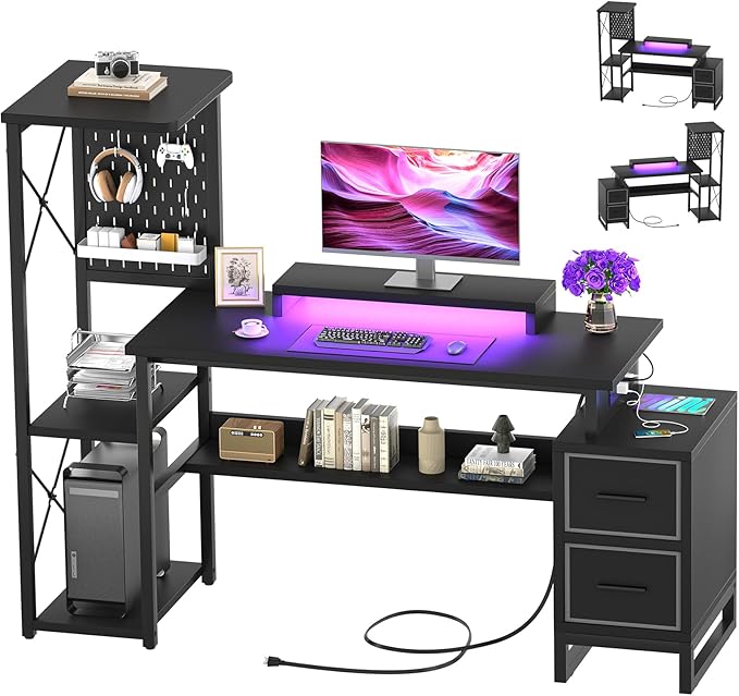 Computer Desk with 2 Fabric Drawers - Reversible Home Office Desk with Power Outlet &amp LED Lights 53 Writing Desk with Monitor Stand &amp Storage Shelves Gaming Desk Study Table with Pegboard