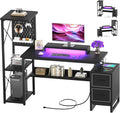 Computer Desk with 2 Fabric Drawers - Reversible Home Office Desk with Power Outlet &amp LED Lights 53 Writing Desk with Monitor Stand &amp Storage Shelves Gaming Desk Study Table with Pegboard