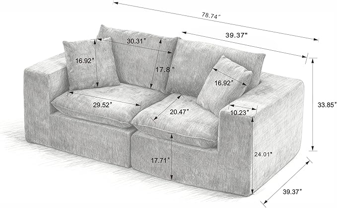 78-Inch Boneless Love Seat Couches in a Box Modern 2 Seat Floor Modular Foam Cloud Sofa Chenille Loveseat Couch W/Wide Square Armrests for Home Apartments Bedroom