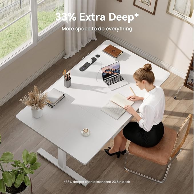 HLDIRECT Electric Standing Desk 47 x 31.5 Inches Height Adjustable Table with Outlets Sit Stand Computer Desk with Drawers for Home Office Ergonomic Rising Workstation White