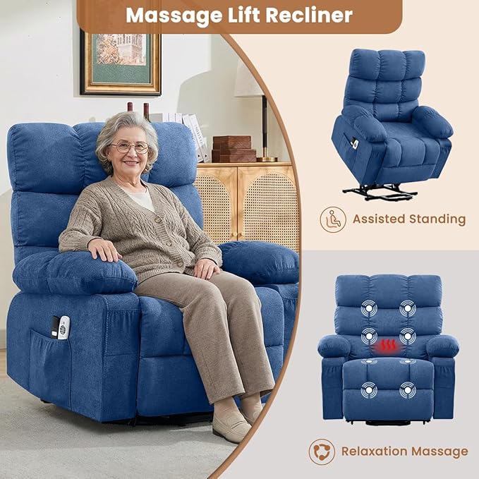 BOSMILLER Electric Power Lift Recliner Chair Sofa with Massage and Heat for ElderlyLift Chair with Side Pockets for Living Room