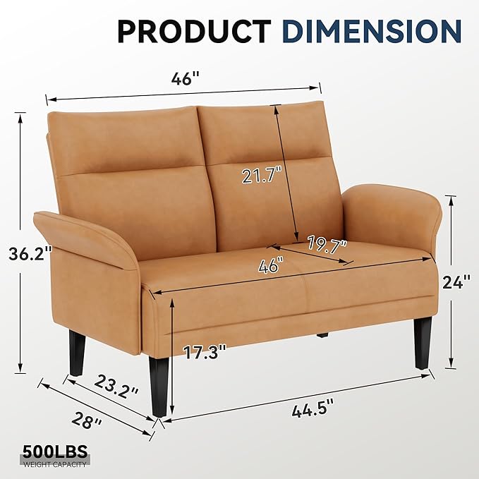 Yongchuang Small Couch 46 Brown Faux Leather Loveseat Sofa for Living Room Bedroom Love Seat Mini Couch with Arm Rest
