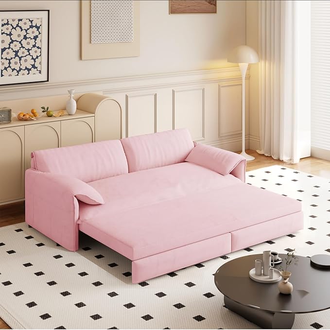 3 in 1 Convertible Queen Sleeper Sofa Bed Comfy Pull Out Futon Couch Bed 66 Modern Velvet Recliner Loveseat Sofa Multi-Functional Pink Cloud Couch for Living RoomApartmentOffice (Pink 66)