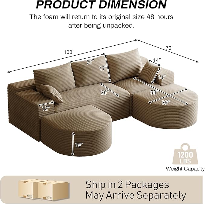 108 Modular Sectional Sofa Cloud Couch for Living RoomU Shaped Comfy Fluffy Light Brown Boneless Couches with 2 Curved OttomansModern Plush Corduroy Memory Foam Floor Couch with Chaise