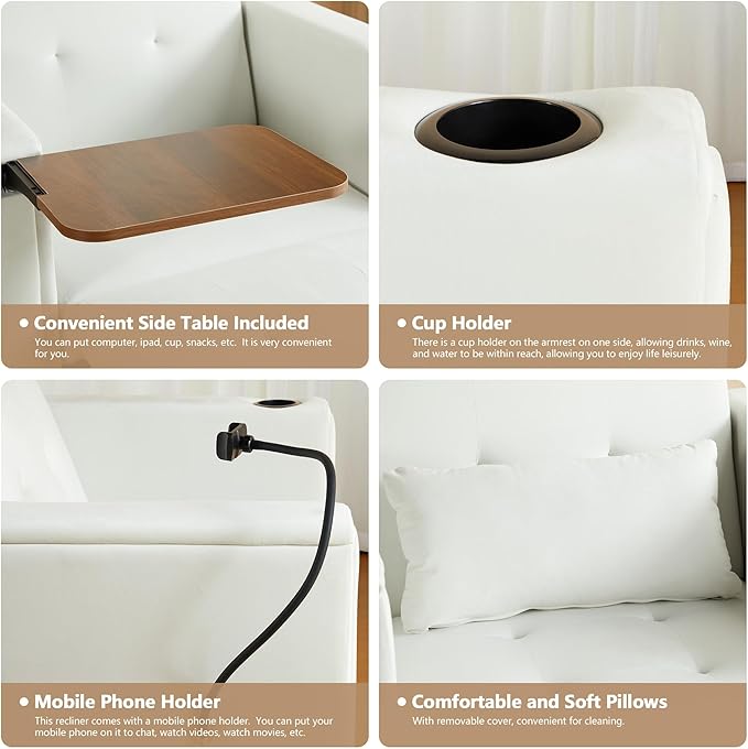 Velvet Convertible Chair Bed 3 in 1 Multi-Functional Lounge Chair Sleeper Pull Out Couch Guest Bed with Hidden Table and Adjustable Backrest for Living Room (White)