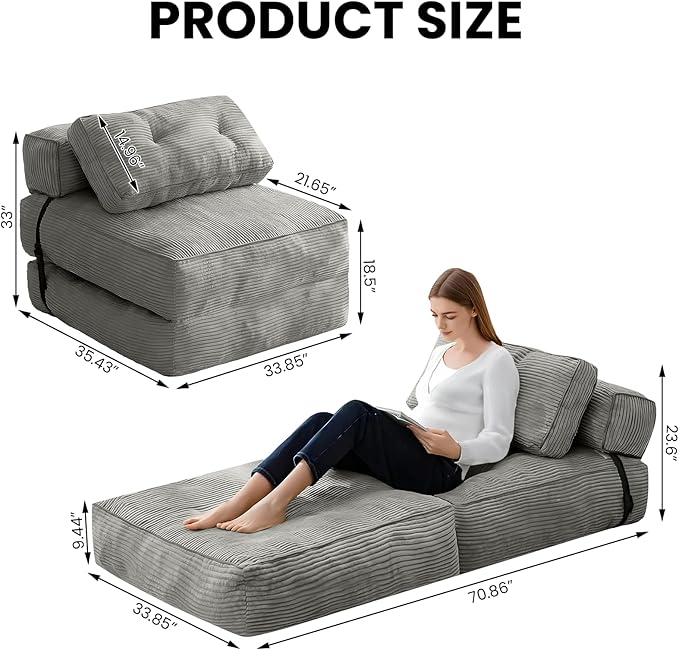 tantohom Folding Sofa Bed Convertible Sleeper Chair with Pillow Foldable Mattress with Back SupportSpace-Saving Sofa for Living RoomBedroom (Gray)