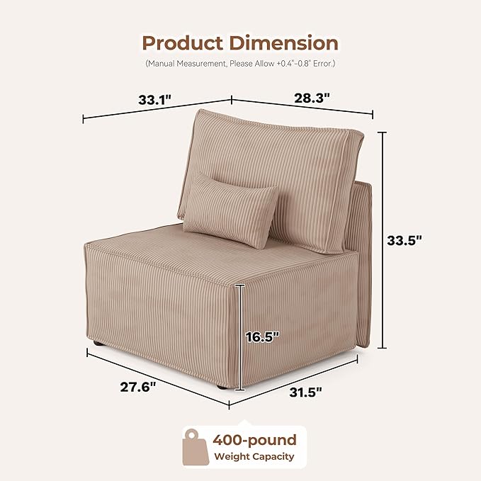 Luxuly Modular Sectional Corduroy Sofa Set L Shaped Couch Reversible Chaise Modular Sectional Couch Mix and Match Pieces Aemless Sofa Camel
