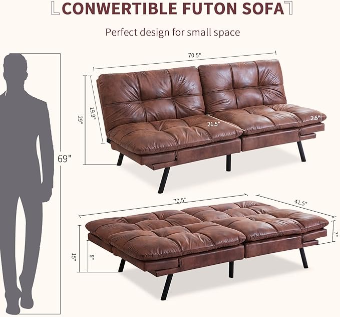 Opoiar Leather Futon Sofa BedConvertible Memory Foam Couch BedFuton Sets Daybed with Mattress IncludedFolding Modern Sleeper Sofa Love seat for RV Car Living Room&ampBedroom Small SpaceBrown