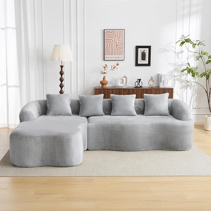 KEIKI 104.7 Cloud Sofa L-Shape Sectional Sofa with Curved Chaise Futon Sofa Couch Folding Mattress for Living Room Guest BedroomNo Assembly Required Light Gray