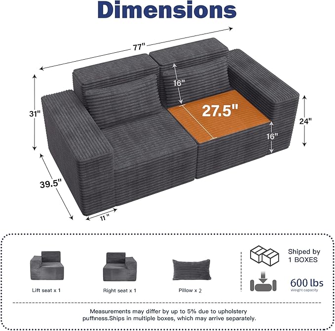 77 Cloud Sectional Boneless Loveseat Couch in a Box Modular Small Sofa with Deep Comfy Seat for Living Room Bedroom Apartment or Home Office No Assembly NeededCorduroy Gray