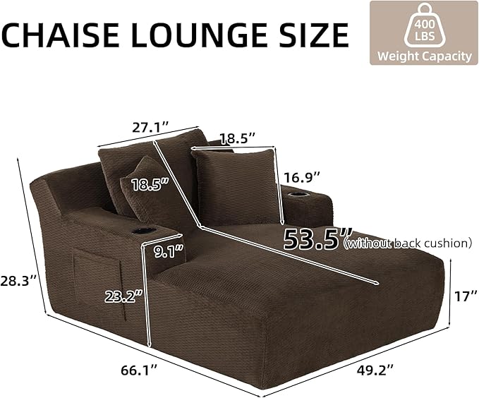 Oversized Chaise Lounge Chair - Upholstered Couch Cloud Boneless ChairDeep Seat Sleeper Sofa with Cup Holders and Side PocketsComfy Reading Chair for Living Room (Dark Brown)
