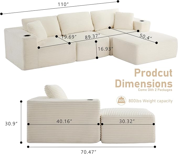 110”Modular Sectional SofaCloud Boneless Couch with Deep SeatModern Modular L-Shape Sofa Couch with 0ttomanUpholstered Couches for Living Room Bedroom (Beige)